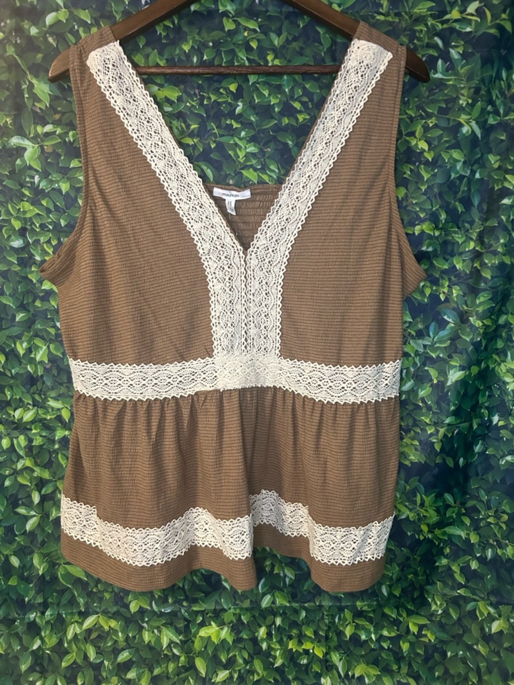 Maurices Brown Tank with Cream Lace Trim Accents